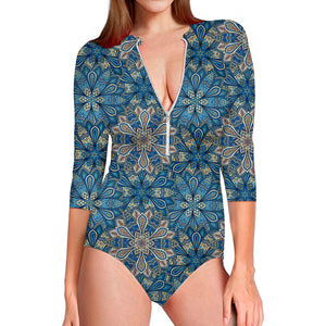 Boho Chic Mandala Floral Print Long Sleeve Swimsuit