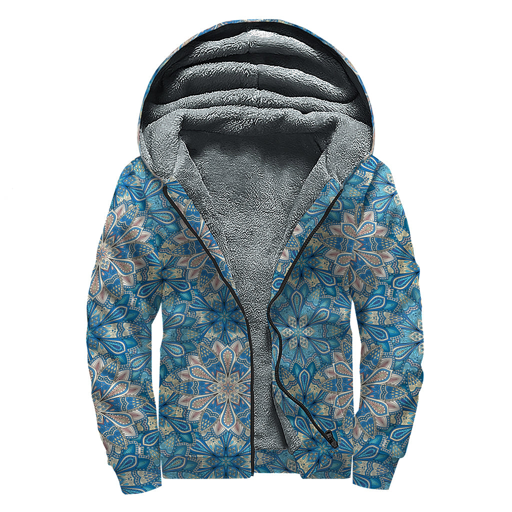 Boho Chic Mandala Floral Print Sherpa Lined Zip Up Hoodie
