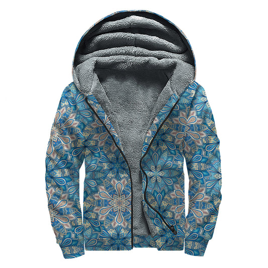 Boho Chic Mandala Floral Print Sherpa Lined Zip Up Hoodie