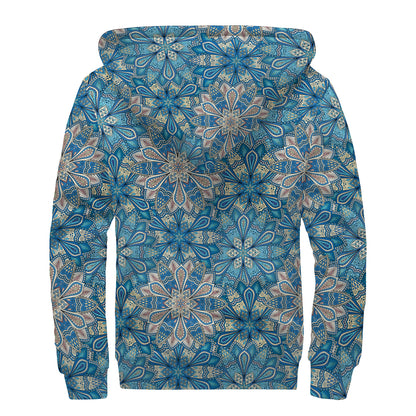 Boho Chic Mandala Floral Print Sherpa Lined Zip Up Hoodie