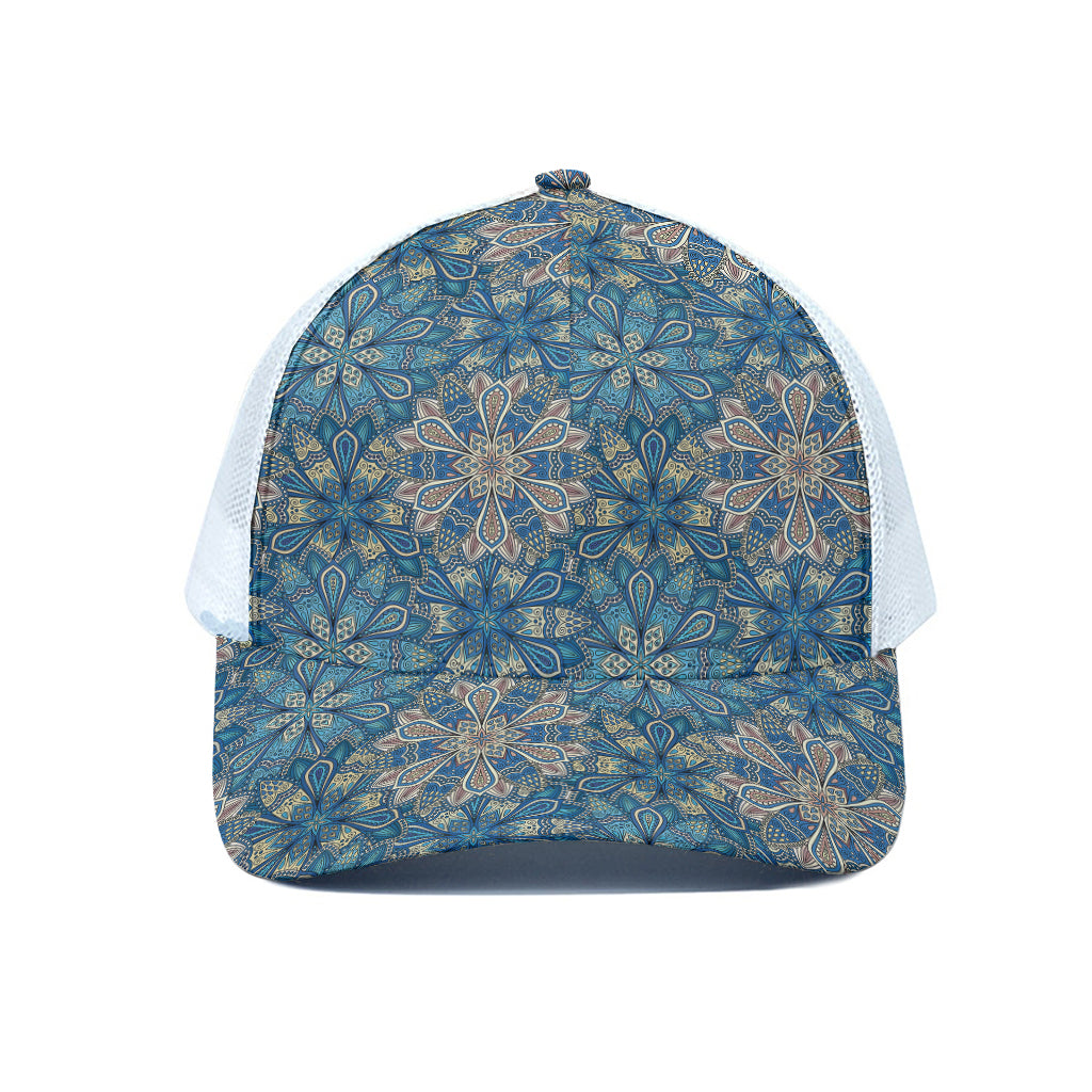 Boho Chic Mandala Floral Print White Mesh Trucker Cap