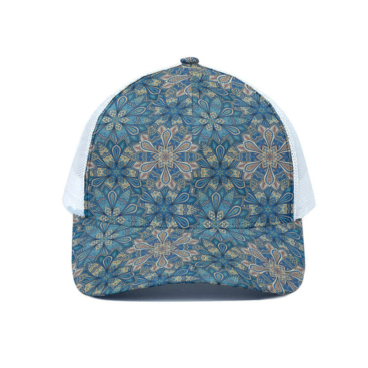 Boho Chic Mandala Floral Print White Mesh Trucker Cap