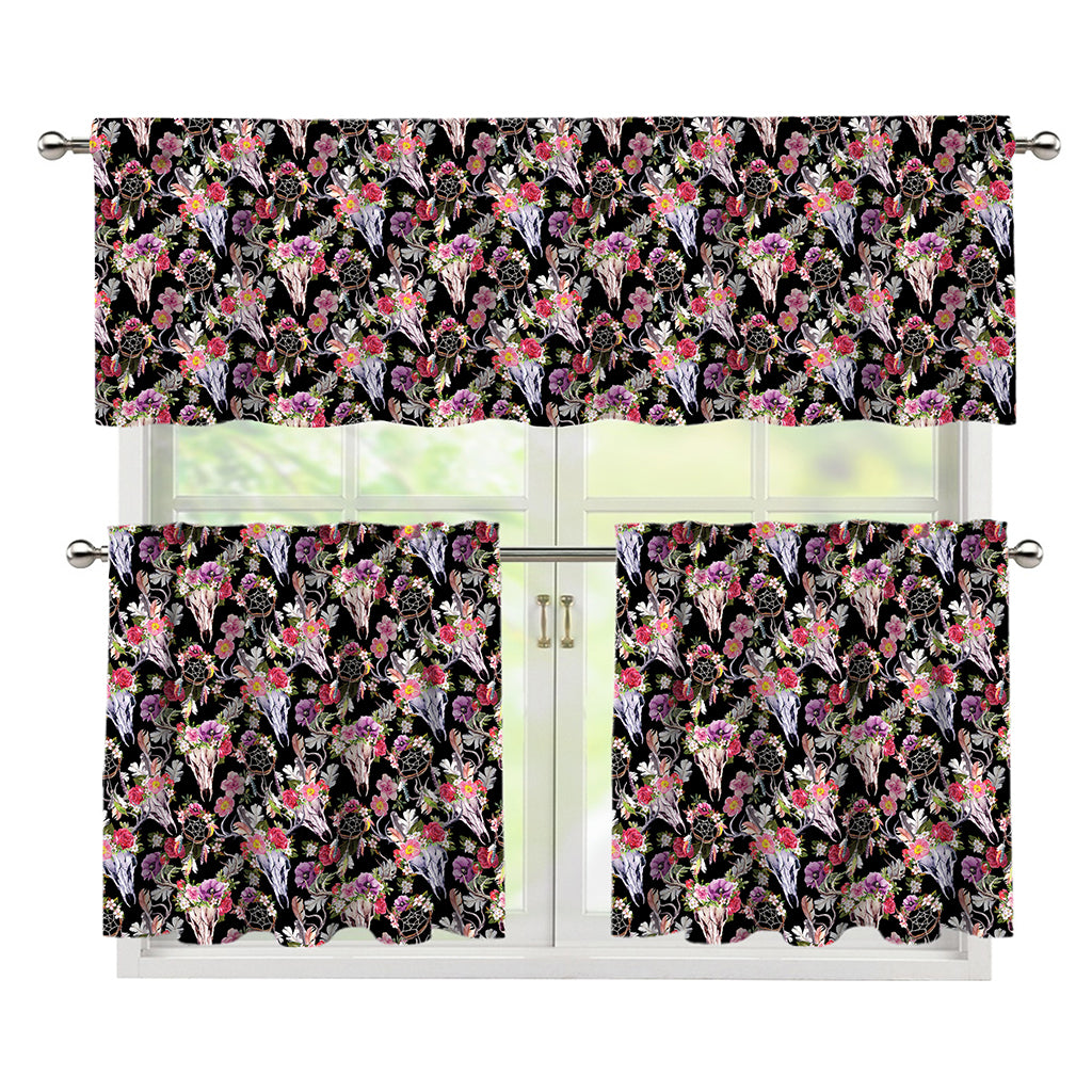 Boho Deer Skull Pattern Print 3 Piece Kitchen Curtains