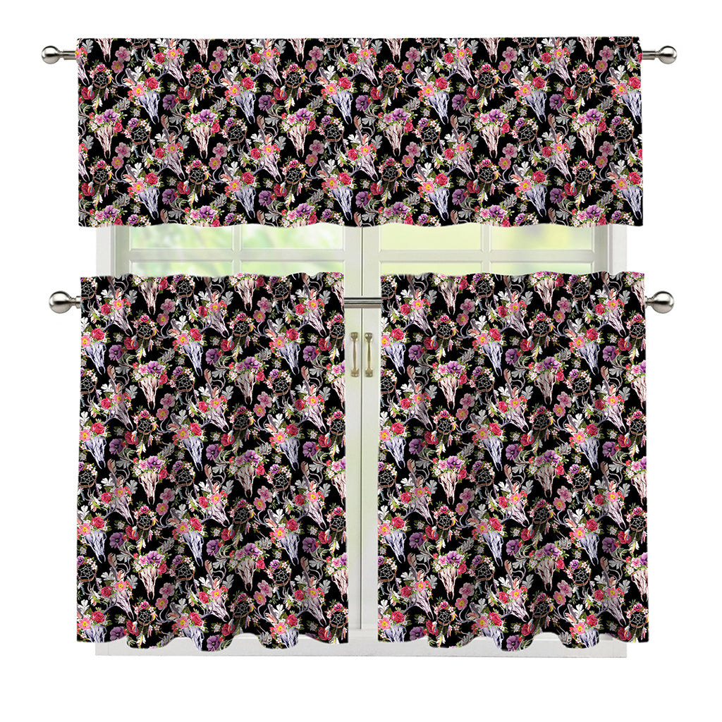 Boho Deer Skull Pattern Print 3 Piece Kitchen Curtains