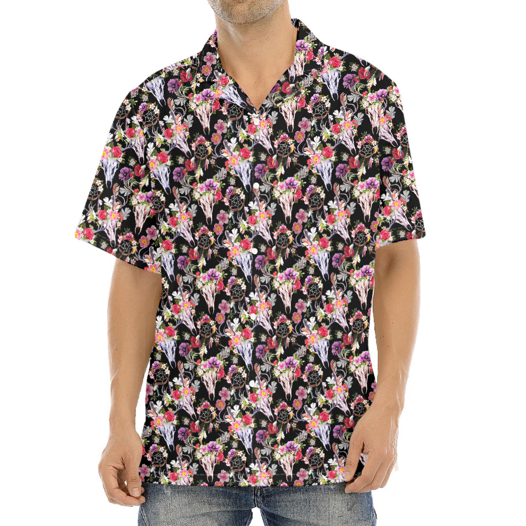 Boho Deer Skull Pattern Print Aloha Shirt