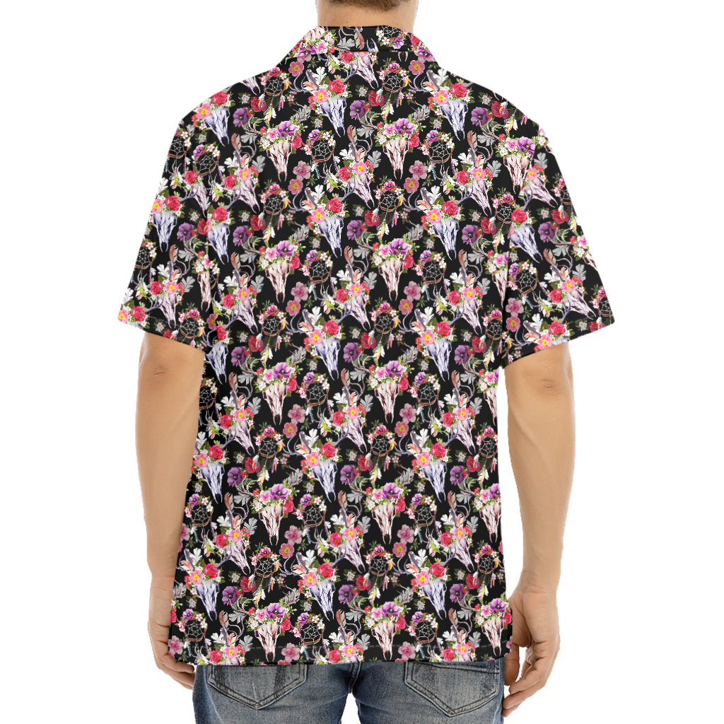 Boho Deer Skull Pattern Print Aloha Shirt