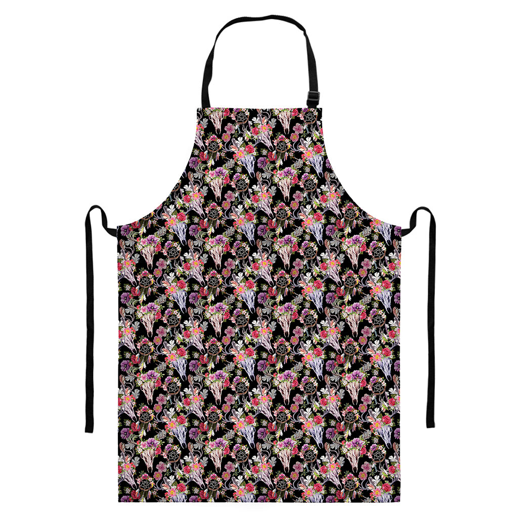 Boho Deer Skull Pattern Print Bib Apron With Pocket