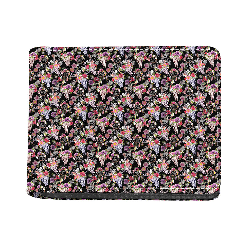 Boho Deer Skull Pattern Print Bifold Wallet
