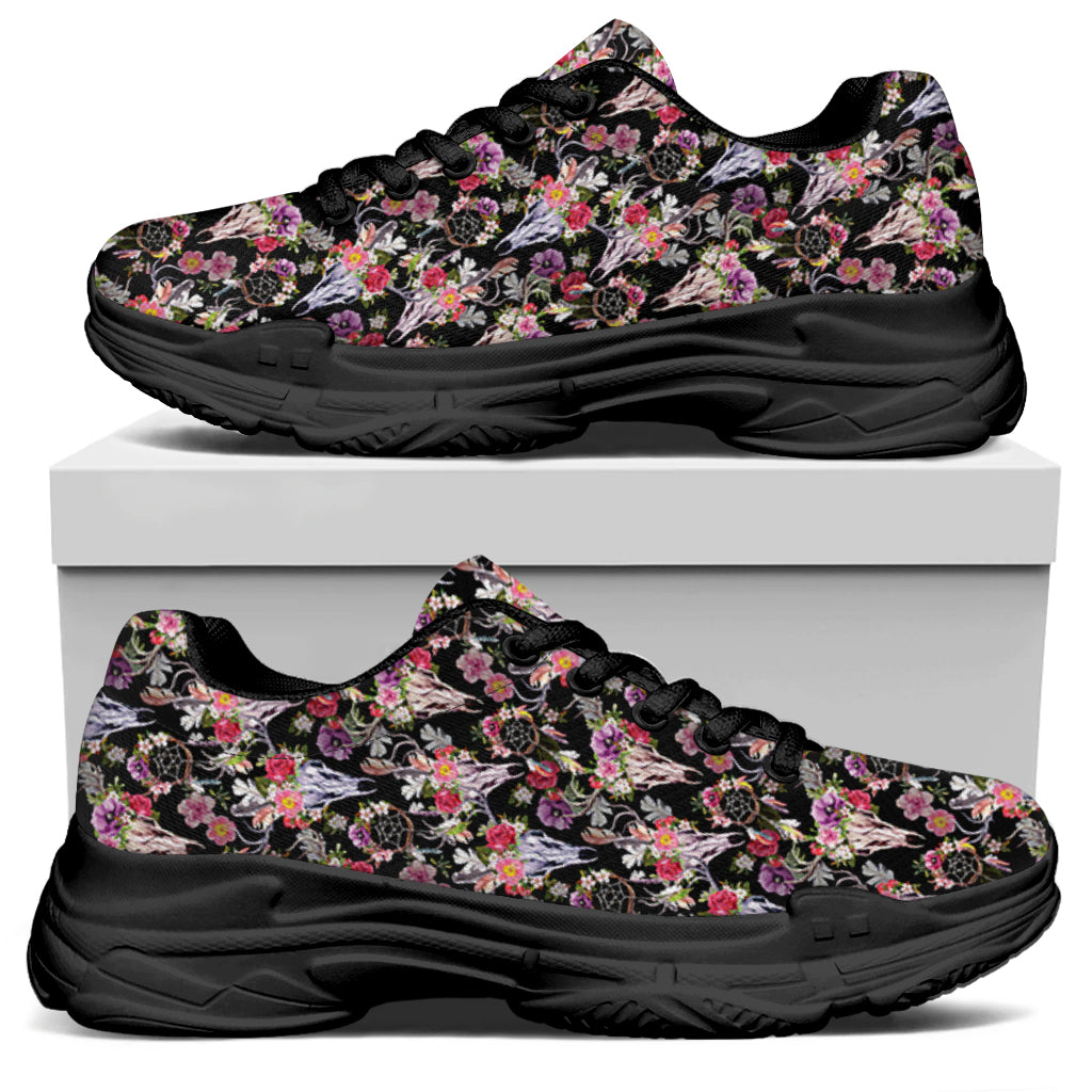 Boho Deer Skull Pattern Print Black Chunky Shoes
