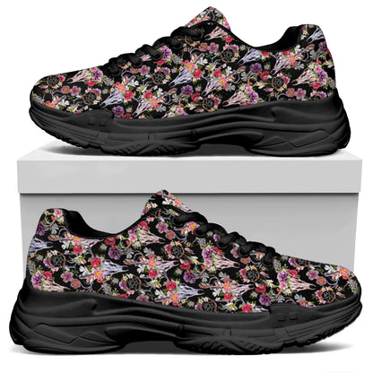 Boho Deer Skull Pattern Print Black Chunky Shoes