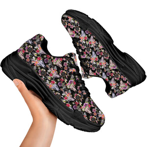 Boho Deer Skull Pattern Print Black Chunky Shoes