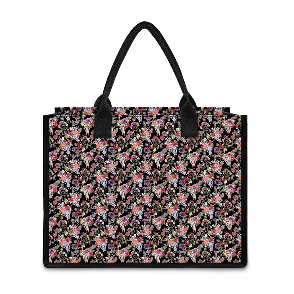 Boho Deer Skull Pattern Print Canvas Tote Bag