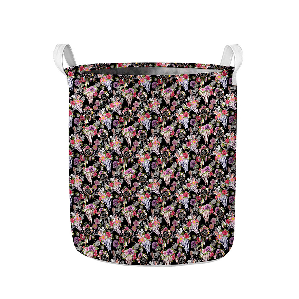 Boho Deer Skull Pattern Print Collapsible Laundry Basket