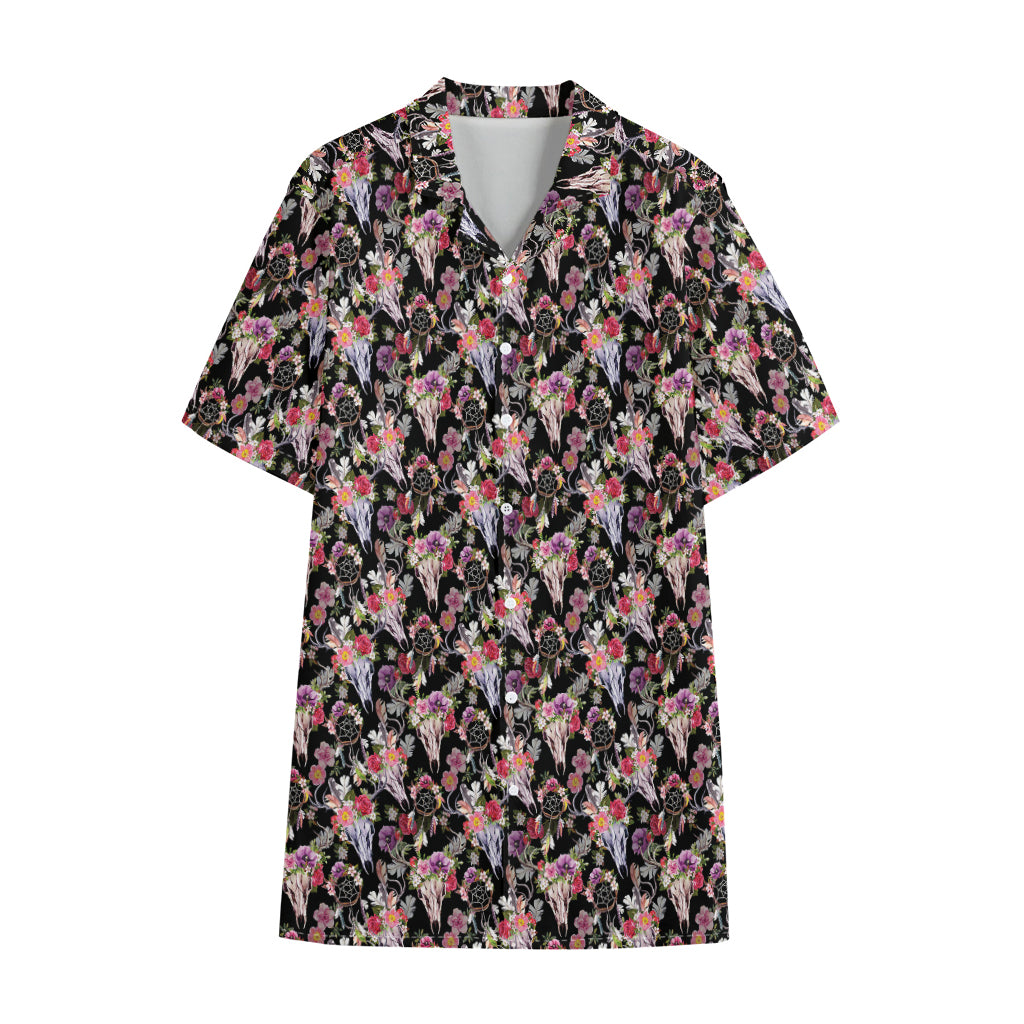 Boho Deer Skull Pattern Print Cotton Hawaiian Shirt