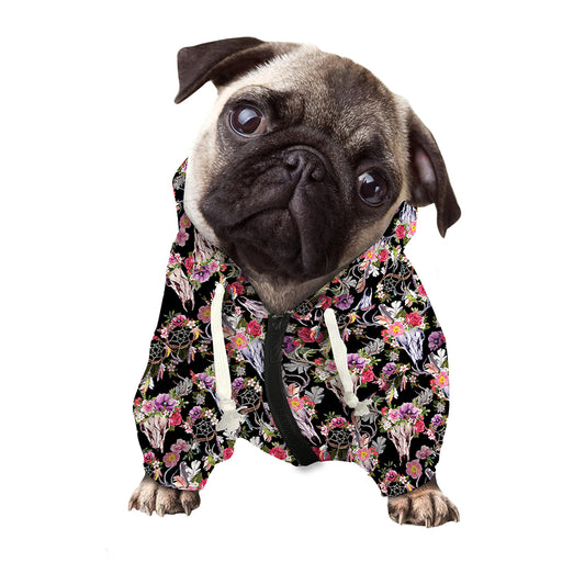 Boho Deer Skull Pattern Print Dog Zip Up Hoodie
