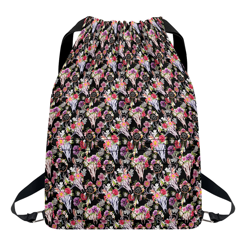 Boho Deer Skull Pattern Print Drawstring Backpack