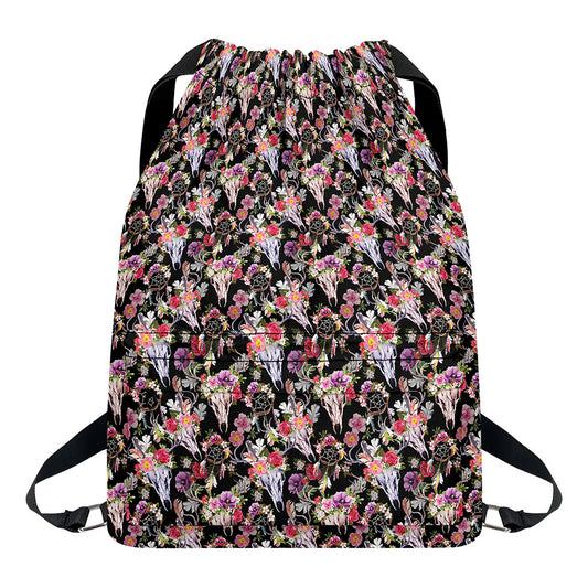 Boho Deer Skull Pattern Print Drawstring Backpack