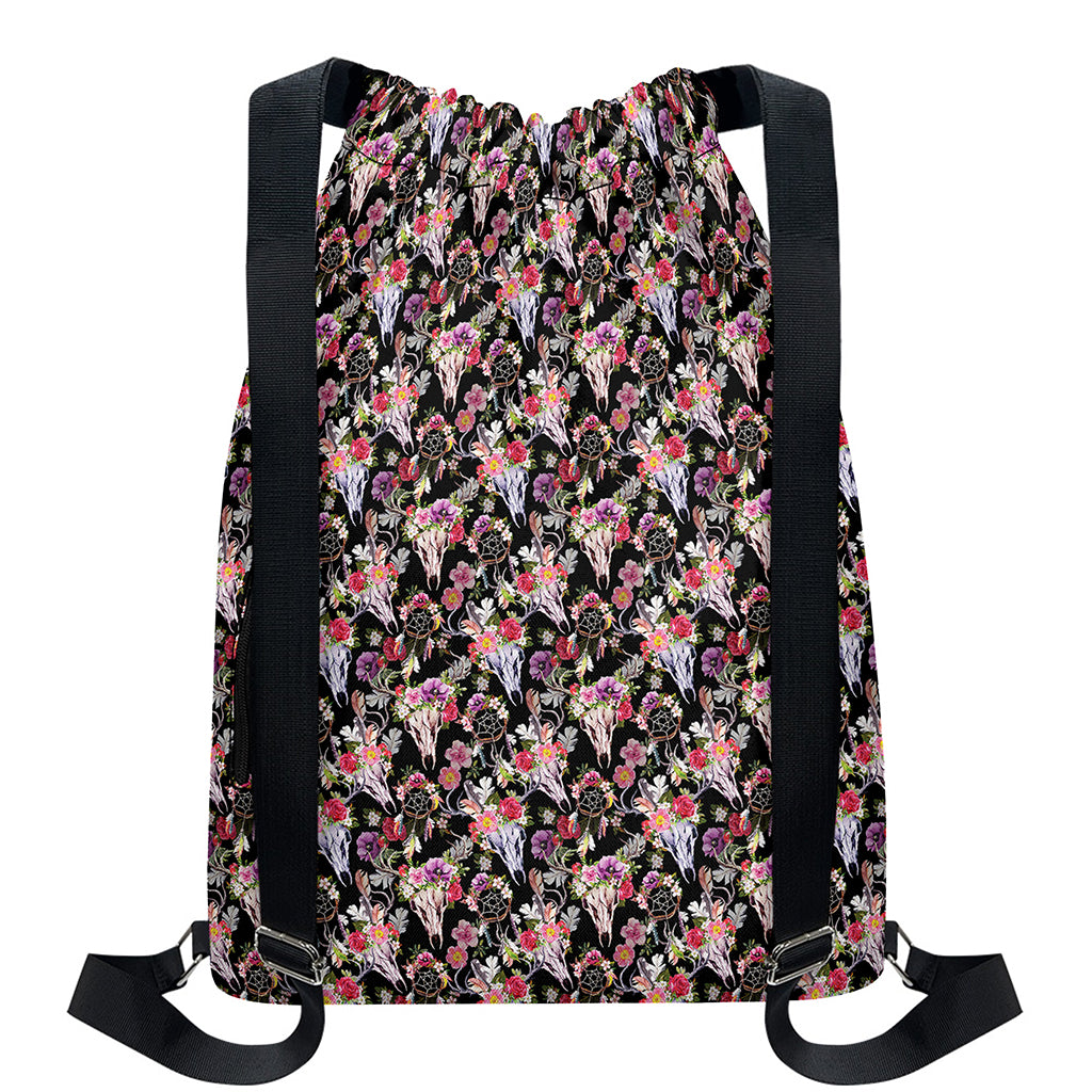 Boho Deer Skull Pattern Print Drawstring Backpack