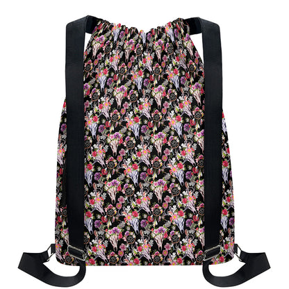 Boho Deer Skull Pattern Print Drawstring Backpack