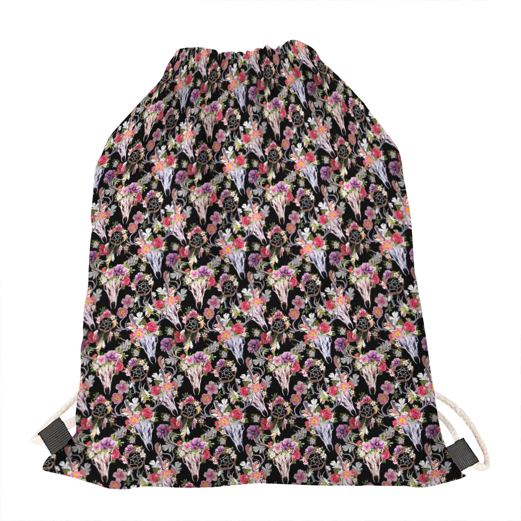 Boho Deer Skull Pattern Print Drawstring Bag