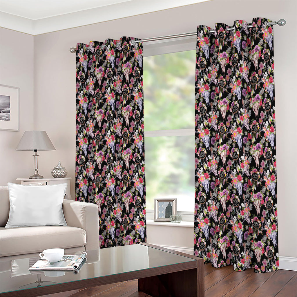 Boho Deer Skull Pattern Print Extra Wide Grommet Curtains