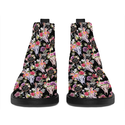 Boho Deer Skull Pattern Print Flat Ankle Boots