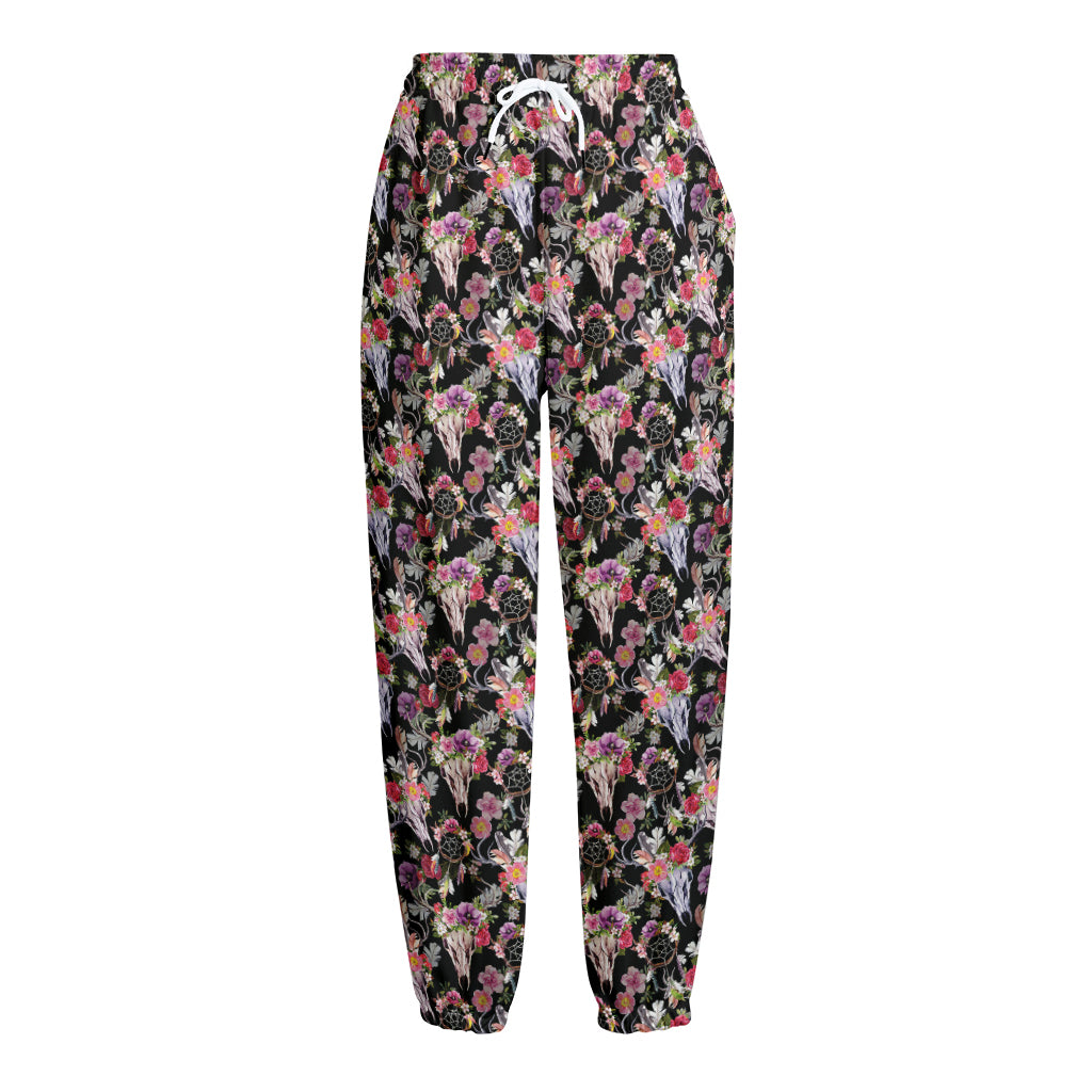 Boho Deer Skull Pattern Print Fleece Lined Knit Pants