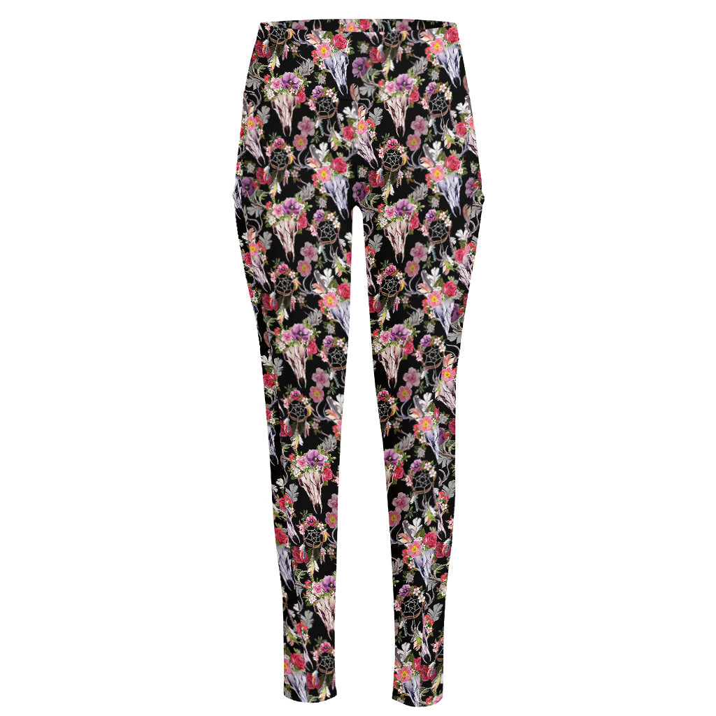 Boho Deer Skull Pattern Print High-Waisted Pocket Leggings