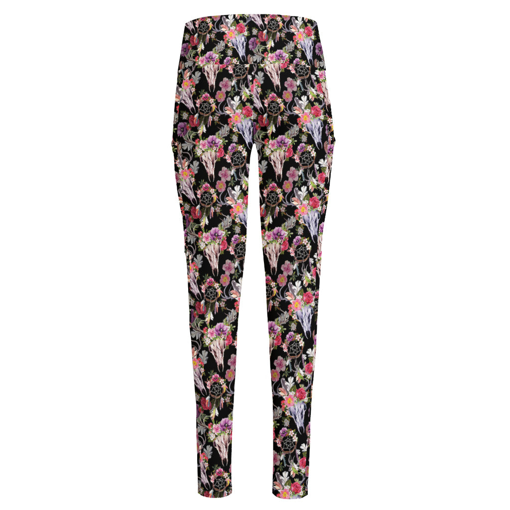 Boho Deer Skull Pattern Print High-Waisted Pocket Leggings