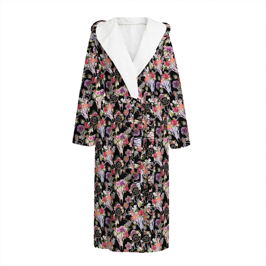 Boho Deer Skull Pattern Print Hooded Bathrobe