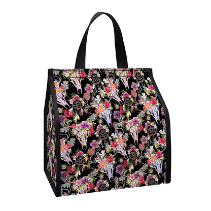 Boho Deer Skull Pattern Print Insulated Lunch Tote