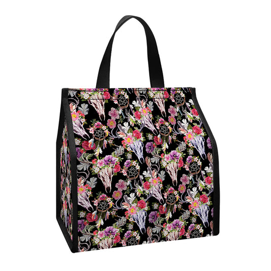 Boho Deer Skull Pattern Print Insulated Lunch Tote
