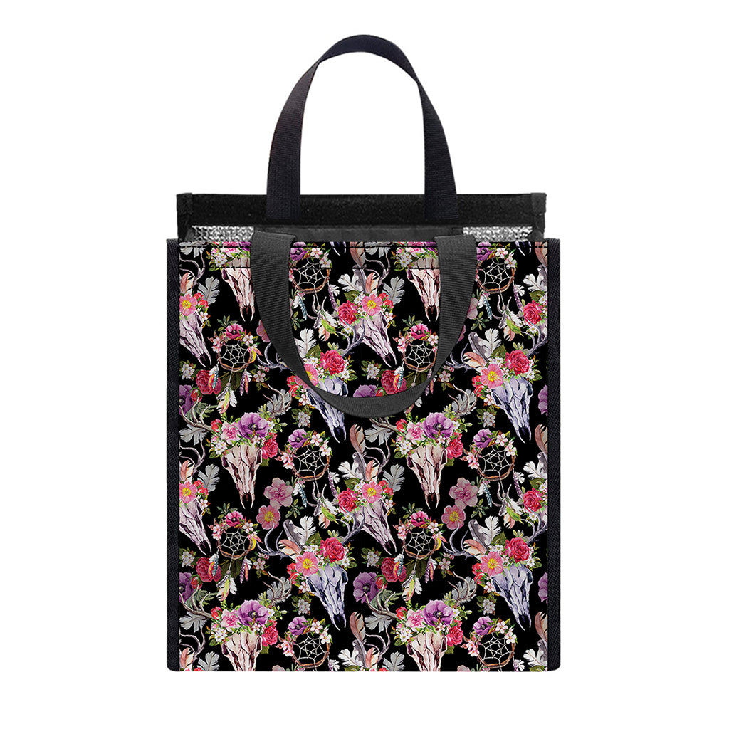 Boho Deer Skull Pattern Print Insulated Lunch Tote