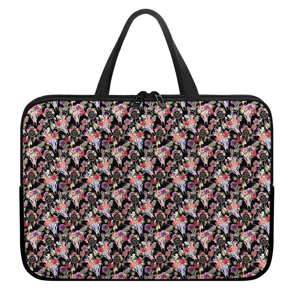 Boho Deer Skull Pattern Print Laptop Sleeve With Handle
