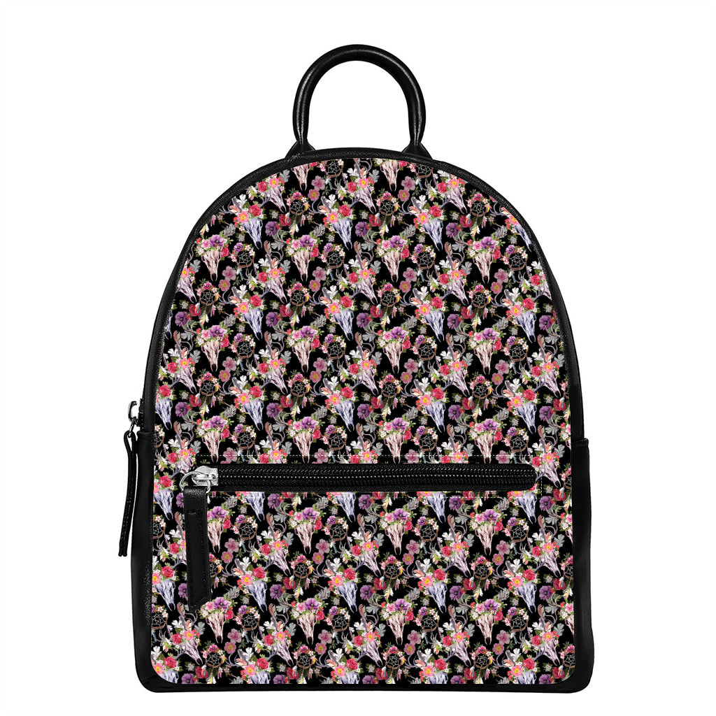 Boho Deer Skull Pattern Print Leather Backpack