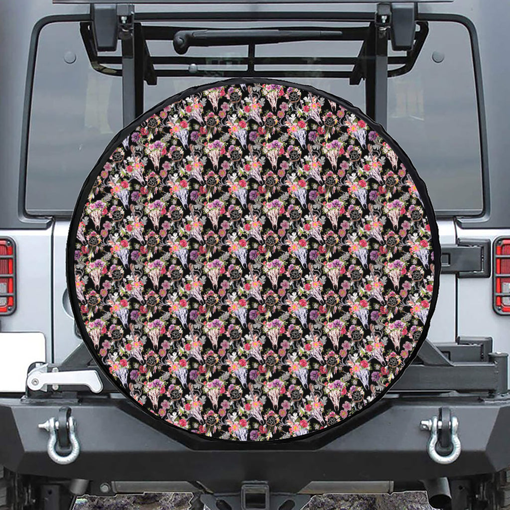 Boho Deer Skull Pattern Print Leather Spare Tire Cover