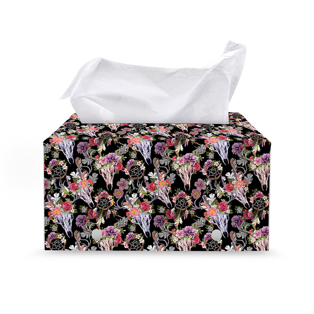 Boho Deer Skull Pattern Print Leather Tissue Box Cover