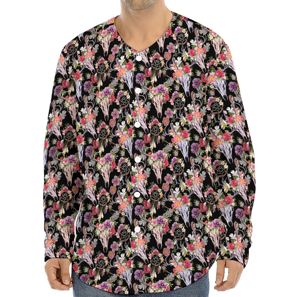 Boho Deer Skull Pattern Print Long Sleeve Baseball Jersey