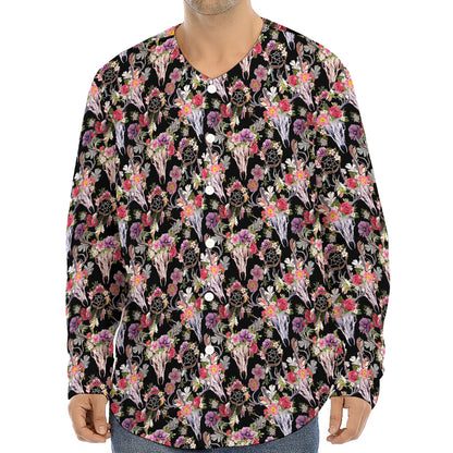 Boho Deer Skull Pattern Print Long Sleeve Baseball Jersey