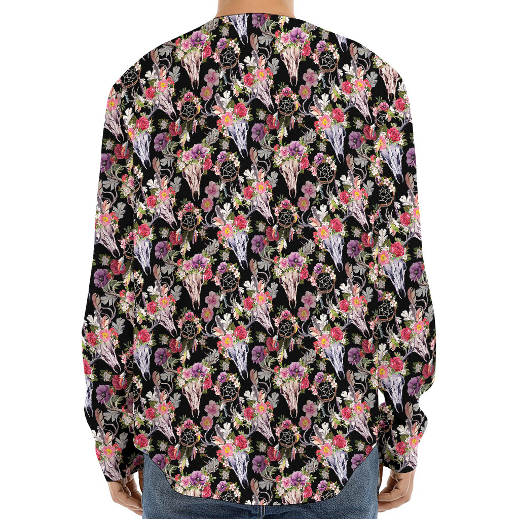 Boho Deer Skull Pattern Print Long Sleeve Baseball Jersey