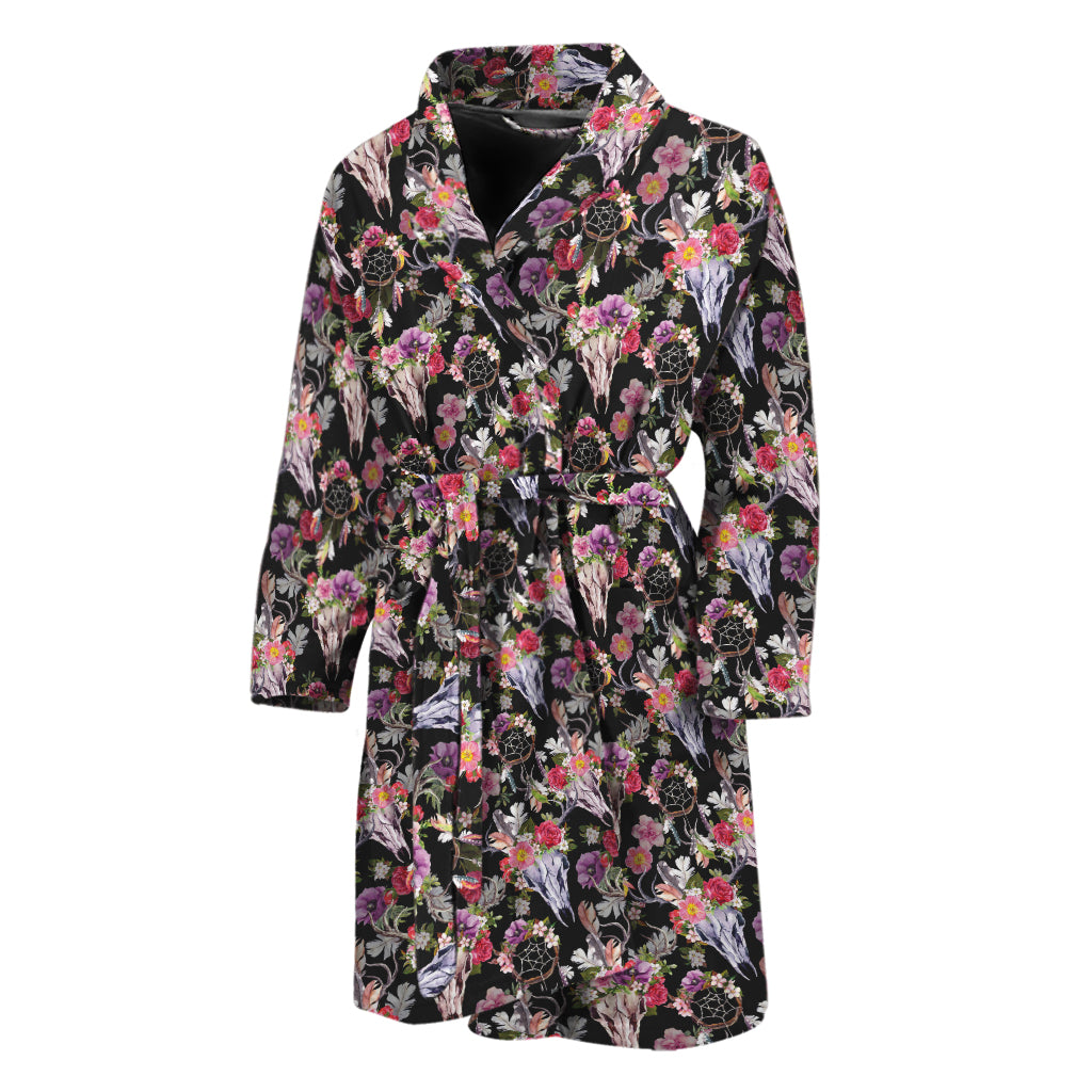 Boho Deer Skull Pattern Print Men's Bathrobe