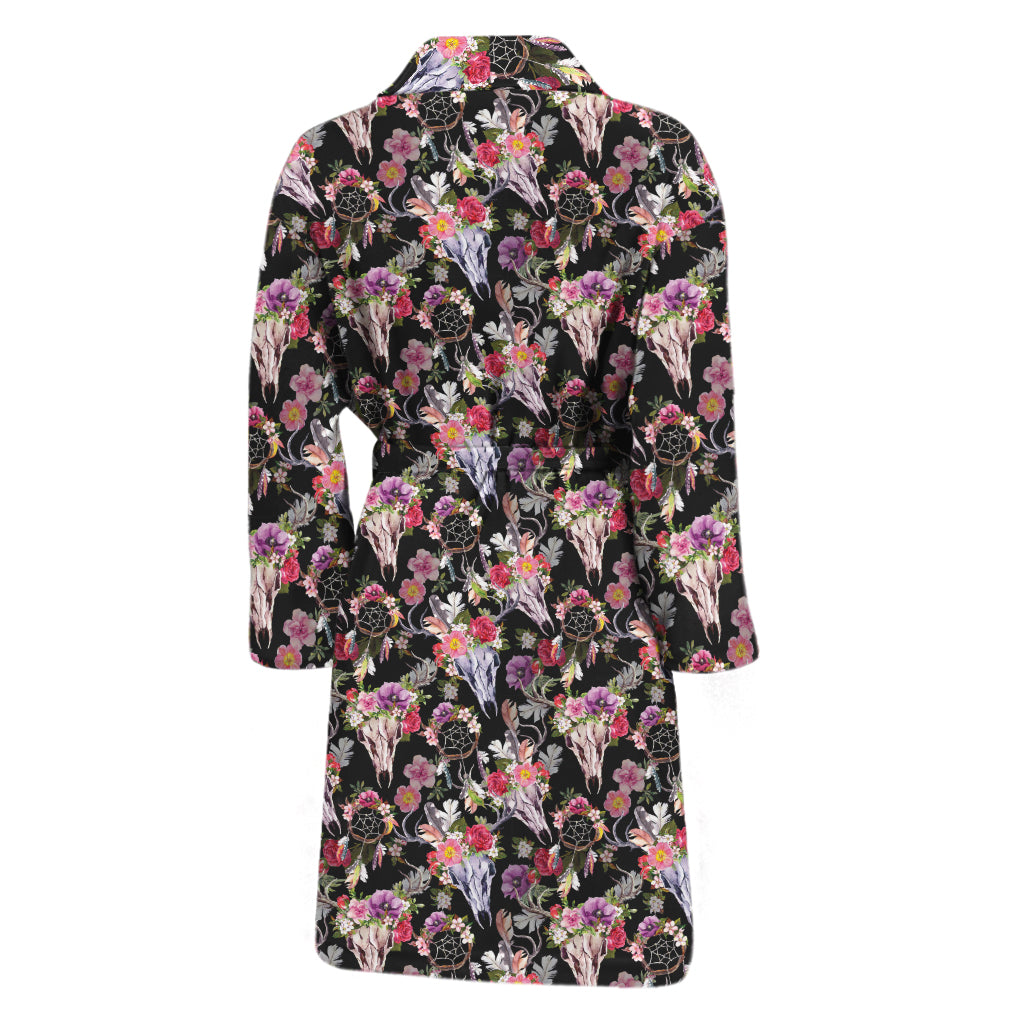 Boho Deer Skull Pattern Print Men's Bathrobe