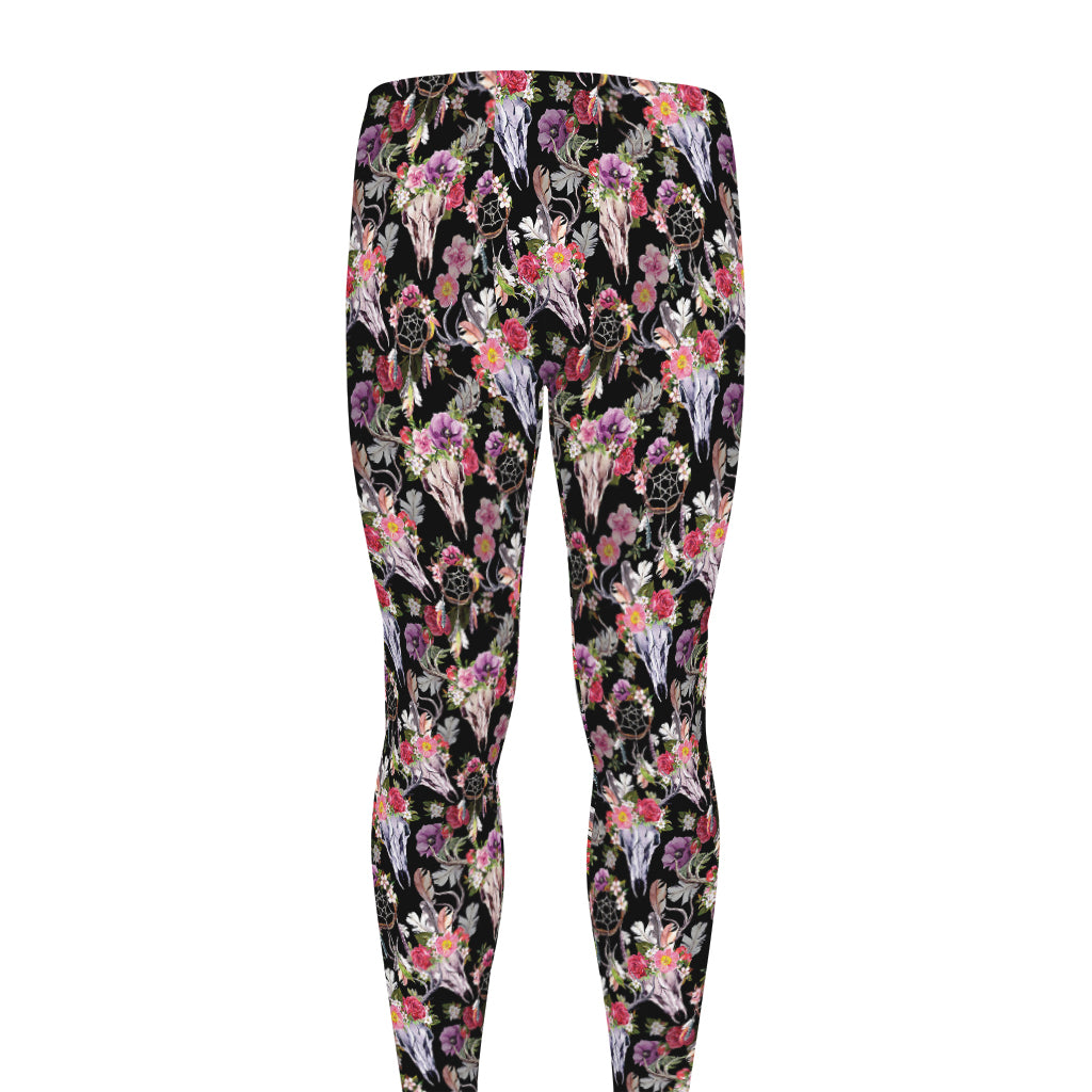 Boho Deer Skull Pattern Print Men's leggings