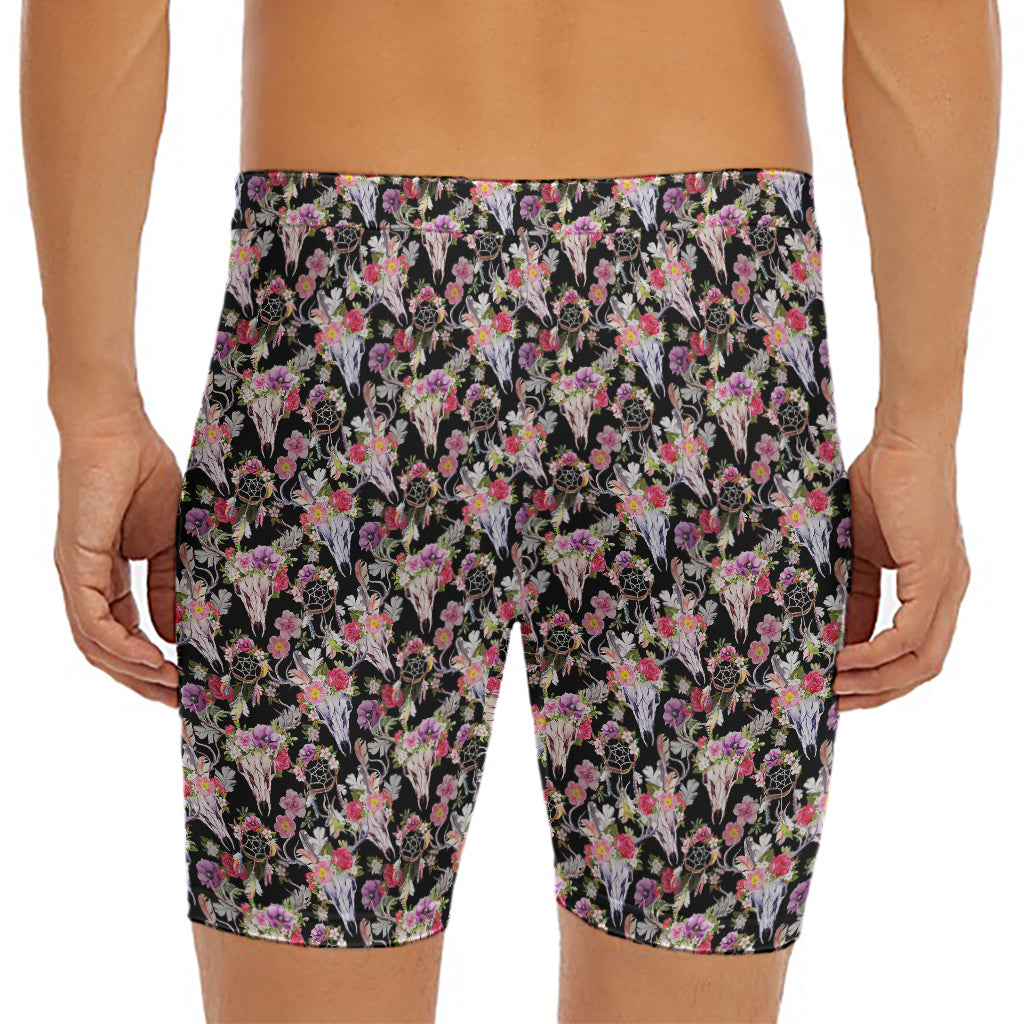 Boho Deer Skull Pattern Print Men's Long Boxer Briefs