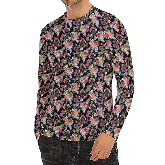 Boho Deer Skull Pattern Print Men's Long Sleeve Rash Guard
