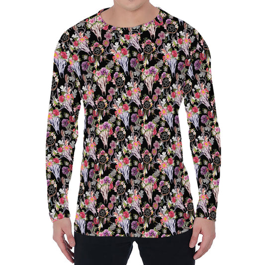 Boho Deer Skull Pattern Print Men's Long Sleeve T-Shirt