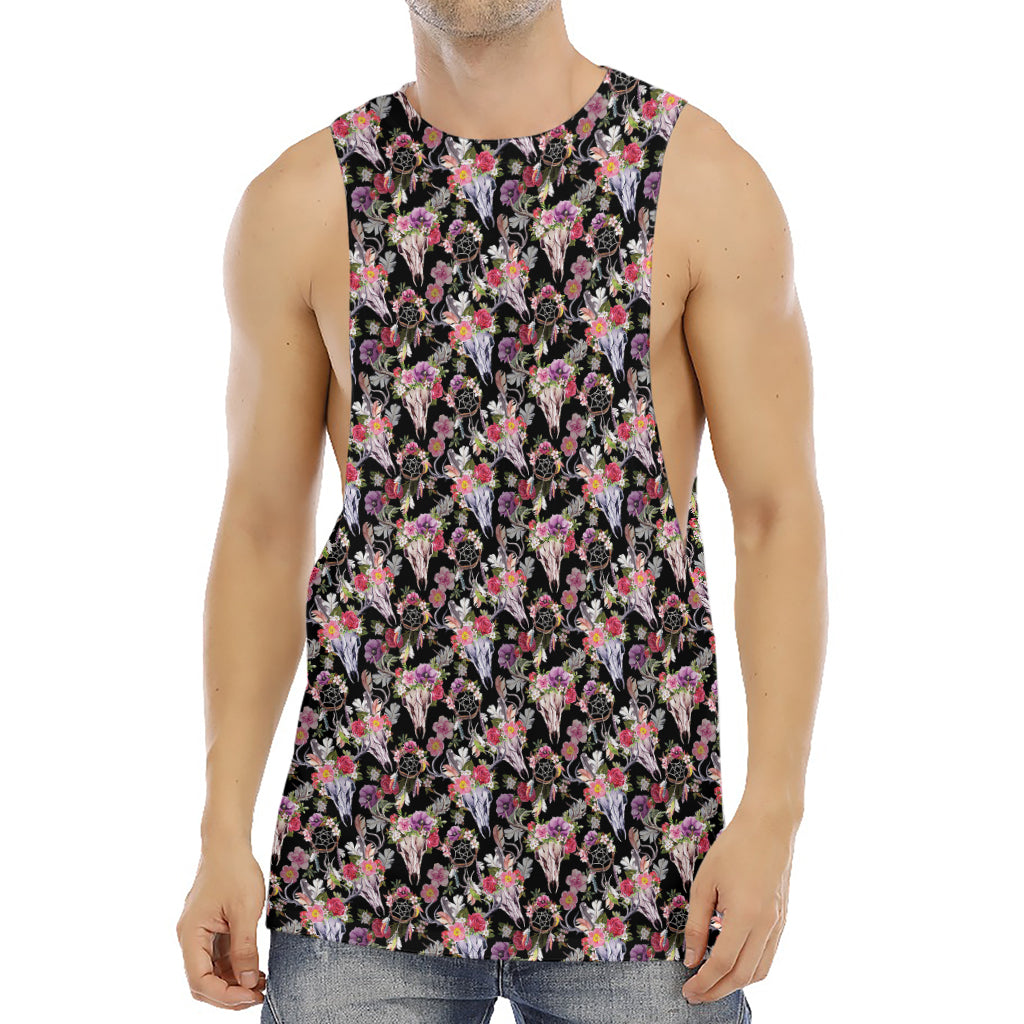 Boho Deer Skull Pattern Print Men's Muscle Tank Top
