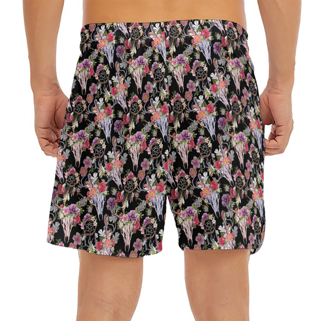 Boho Deer Skull Pattern Print Men's Split Running Shorts