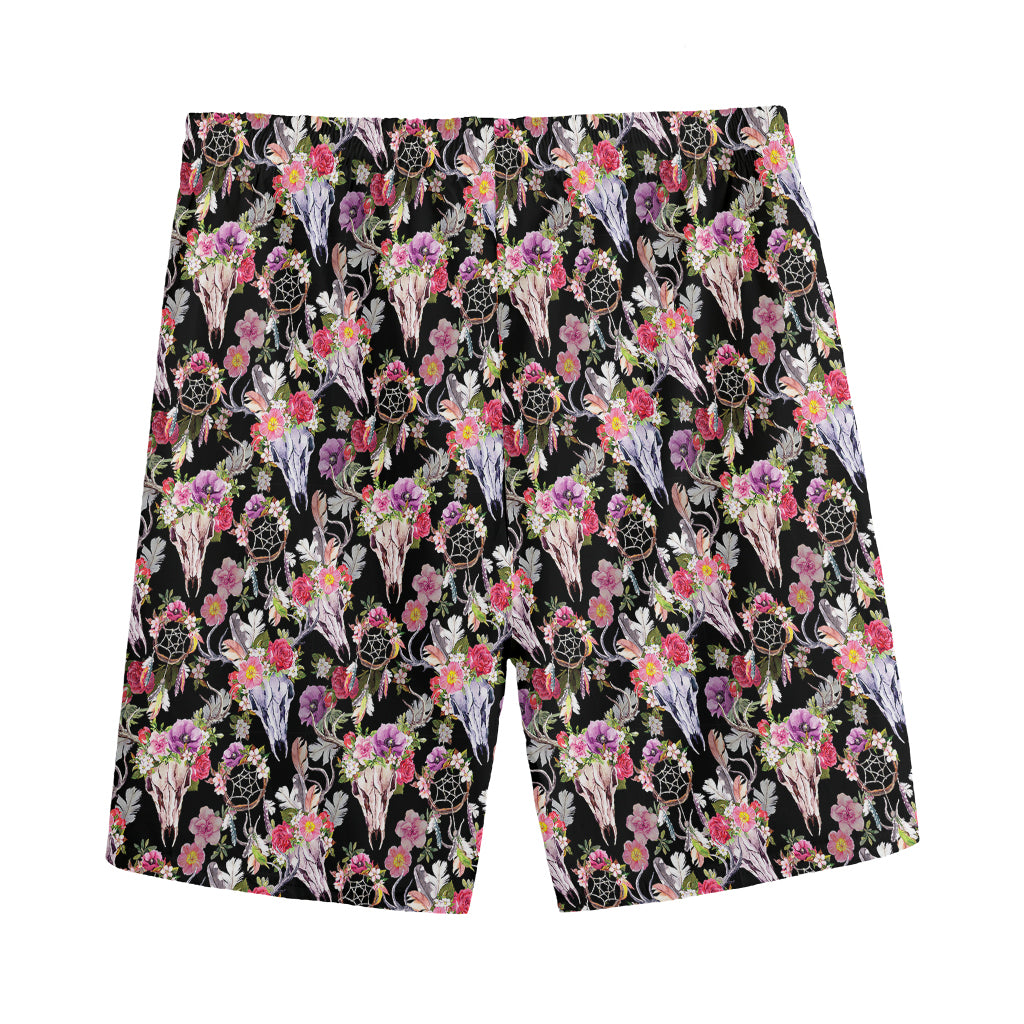 Boho Deer Skull Pattern Print Men's Sports Shorts