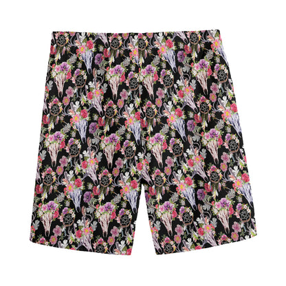 Boho Deer Skull Pattern Print Men's Sports Shorts
